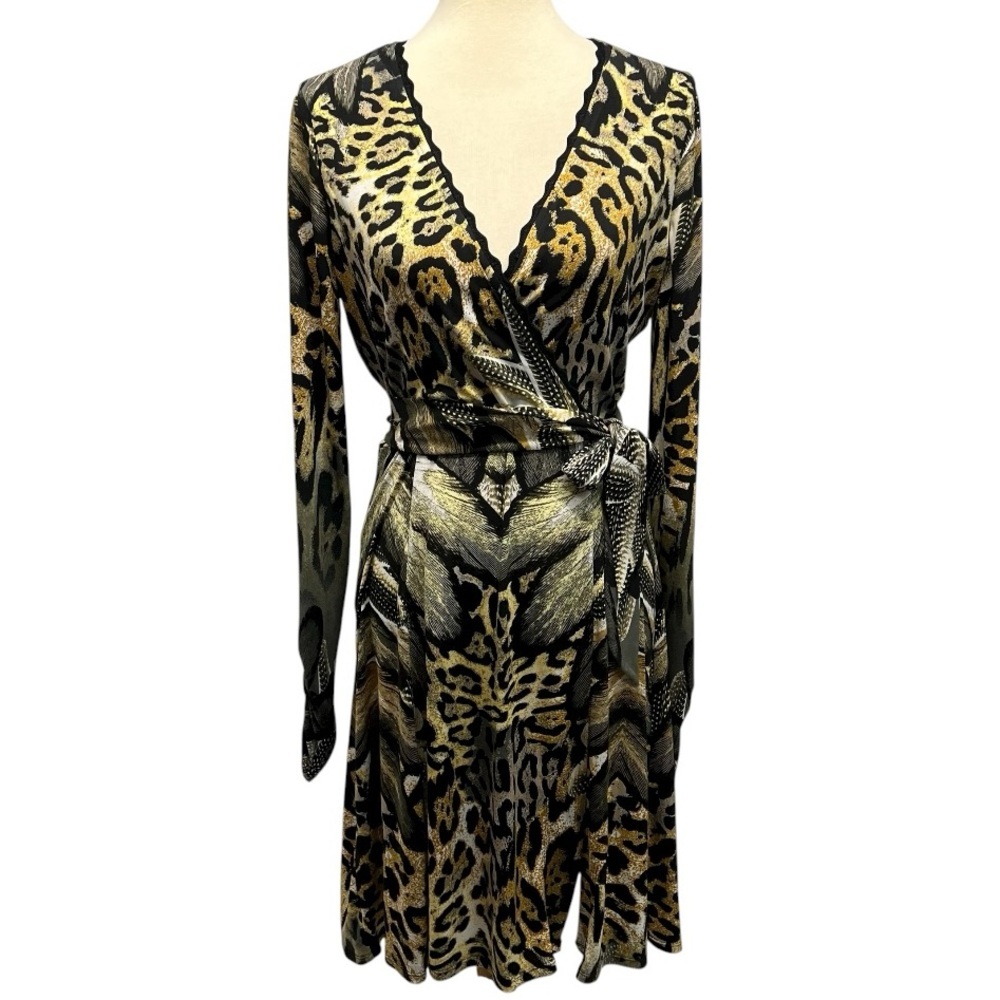 Hale Bob Animal Print Long Sleeve Faux Wrap Dress Women’s Medium - Picture 6 of 12